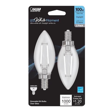 Feit Electric Feit White B10 E12 (Candelabra) Filament LED Bulb Daylight 100 Watt Equivalence 2 pk BPCTC100950WFL2